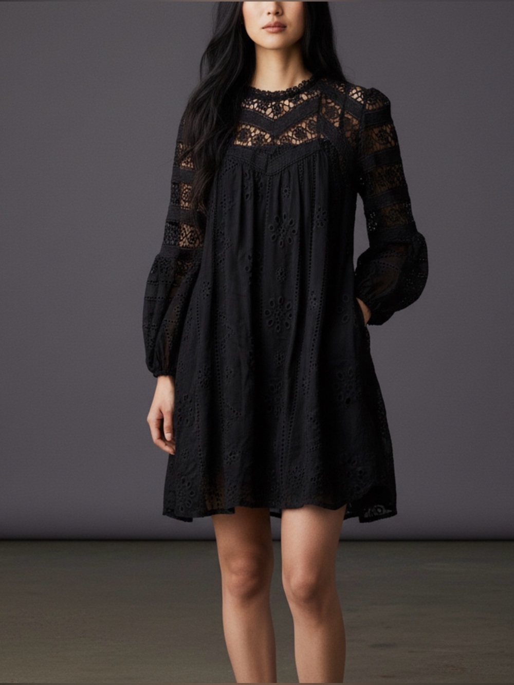 Strut & Bolt Black Lace Eyelet Boho Mini Dress Size S